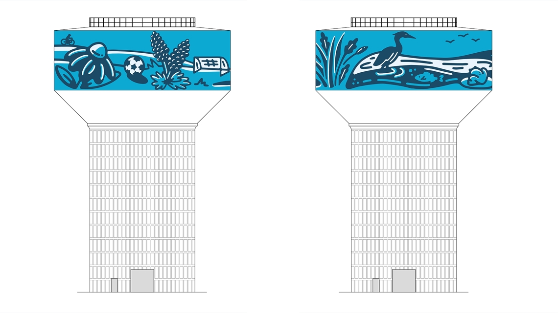 Two renderings of identical water towers side by side, each with a band of artwork around the tank in blue and white: one of play and movement, one of a wading bird among cattails and fish. / Dos representaciones de torres de agua idénticas, una al lado de la otra, cada una con una franja de arte alrededor del tanque en azul y blanco: una de juego y movimiento, otra de un ave zancuda entre espadañas y peces.