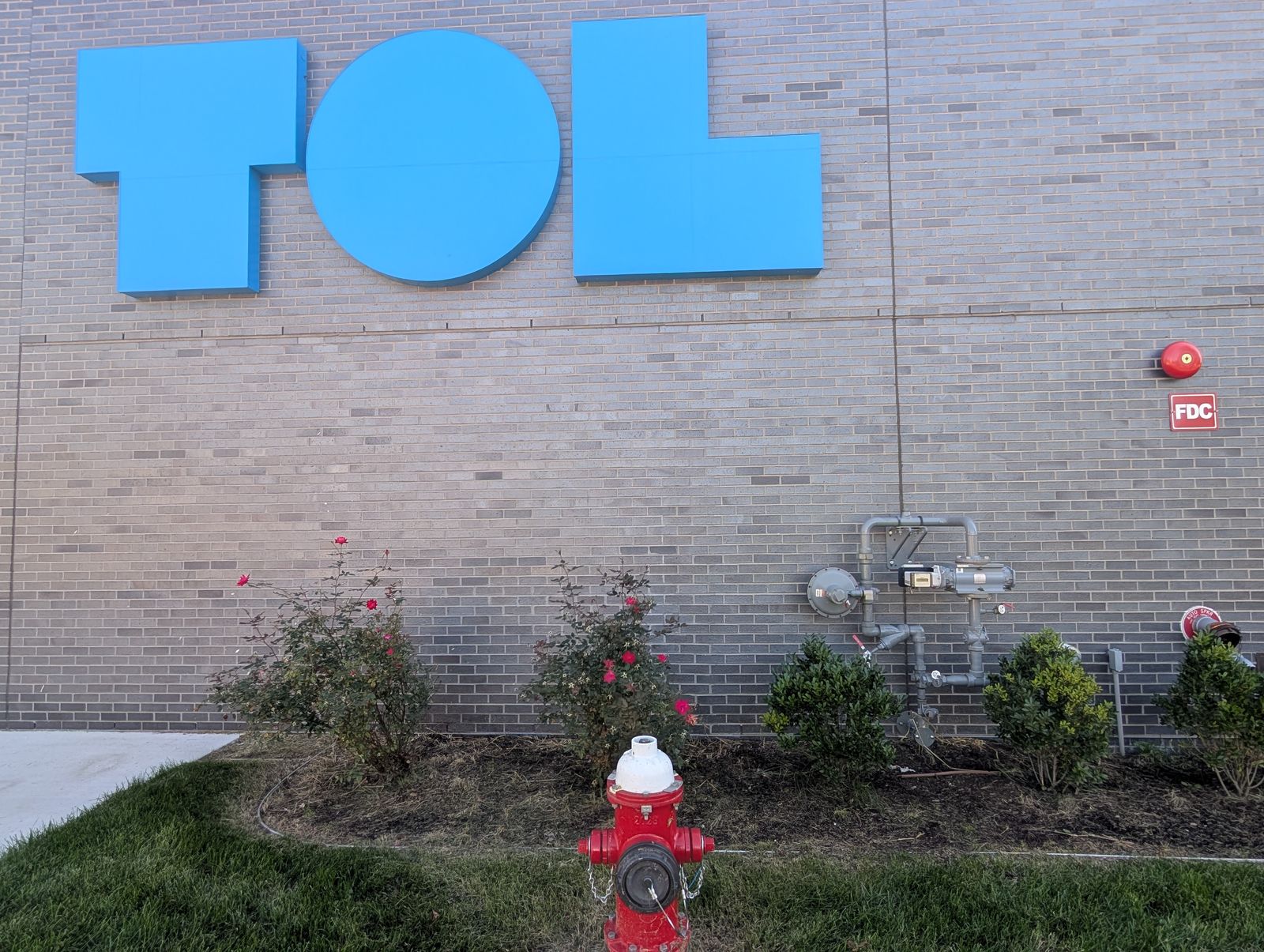 Blue TOL letters on a gray brick wall above a gas meter, rose bushes and a red fire hydrant / Letras azules TOL en un muro de ladrillo gris sobre un medidor de gas, rosales y un hidrante rojo