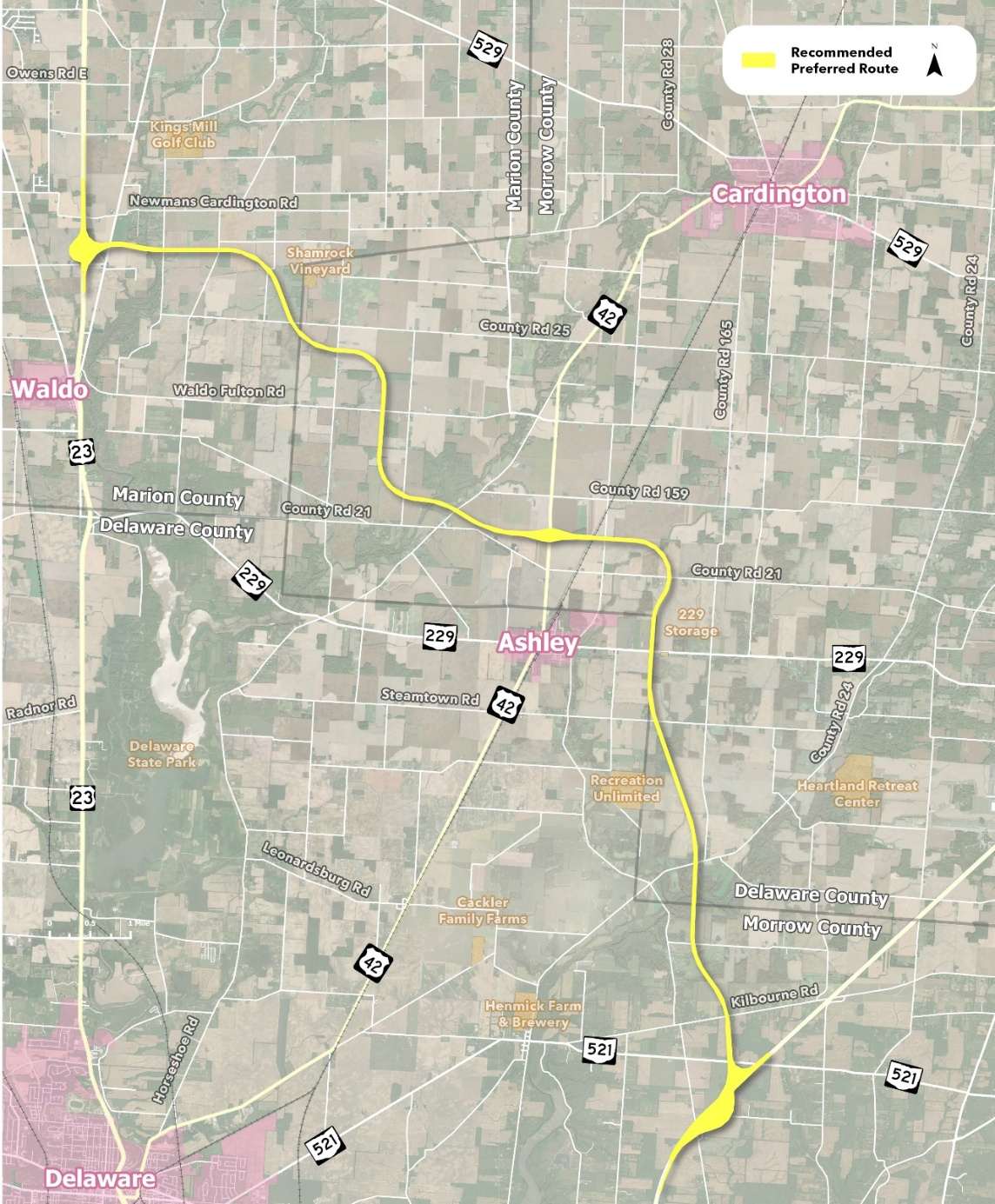 Map: the state’s recommended preferred route for the US 23/I-71 connector, drawn in yellow on a satellite map, from US 23 north of Waldo east past Ashley, then south past Recreation Unlimited to I-71 at Kilbourne Road and State Route 521. / Mapa: la ruta preferida recomendada por el estado para el conector US 23/I-71, en amarillo sobre un mapa satelital, desde la US 23 al norte de Waldo hacia el este pasando por Ashley, y luego al sur pasando por Recreation Unlimited hasta la I-71 en Kilbourne Road y la ruta estatal 521.