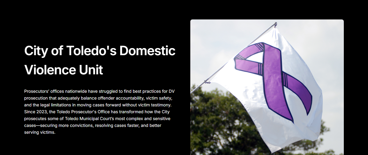 The top of the domestic violence unit's page on the city's dashboard: the heading “City of Toledo's Domestic Violence Unit,” a paragraph of text and a photograph of a purple ribbon flag. / La parte de arriba de la página de la unidad de violencia doméstica en el tablero de la ciudad: el título “City of Toledo's Domestic Violence Unit”, un párrafo de texto y la foto de una bandera con un listón morado.