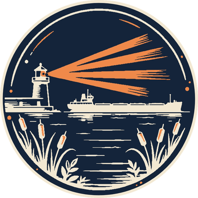 The Lake Erie Inquiry's mark at night: the lighthouse's orange beam across the dark lake, past a freighter / La marca de The Lake Erie Inquiry de noche: el haz naranja del faro sobre el lago oscuro, más allá de un carguero