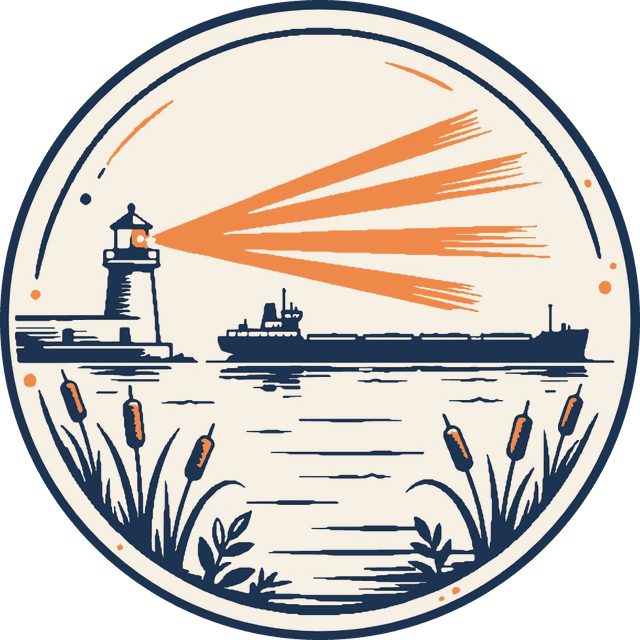 The Lake Erie Inquiry's mark: a pierhead lighthouse sweeps its orange beam across Lake Erie past a freighter, cattails in front, in a navy ring / La marca de The Lake Erie Inquiry: un faro de muelle barre el lago Erie con su haz naranja, más allá de un carguero, con espadañas al frente, en un anillo azul marino