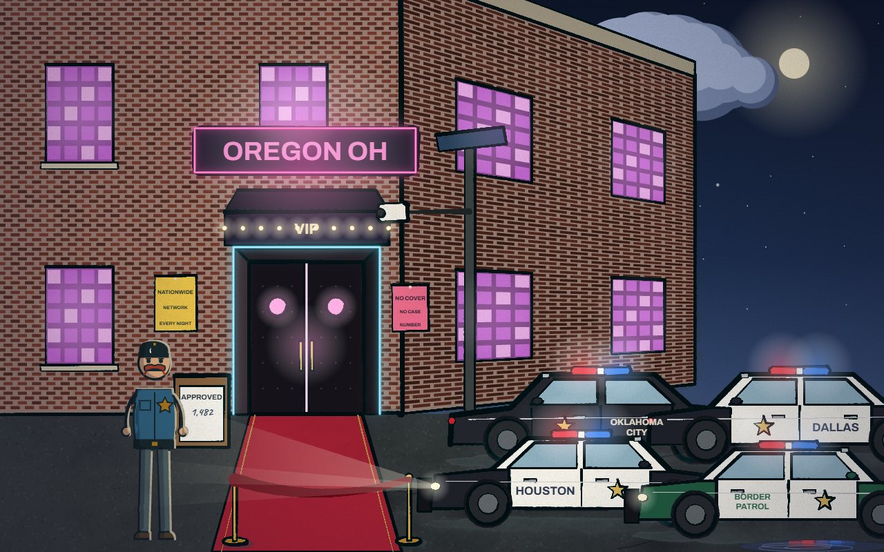 Night on Navarre Avenue. A police officer works the velvet rope outside a brick nightclub with glowing glass-block windows, a bulb-lit canopy and a pink neon sign reading OREGON OH, holding a clipboard marked APPROVED: 1,482. Posters on the wall read NATIONWIDE NETWORK and NO COVER, NO CASE NUMBER. The lot is already packed with cruisers from Houston, Dallas and Oklahoma City and a green Border Patrol car, headlights on him, neon in the puddles. / De noche en la avenida Navarre. Un policía cuida el cordón de terciopelo afuera de un club nocturno de ladrillo con ventanas de bloques de vidrio iluminadas, una marquesina con focos y un letrero de neón rosa que dice OREGON OH, con una tablilla marcada APPROVED: 1,482. En la pared, carteles que dicen NATIONWIDE NETWORK y NO COVER, NO CASE NUMBER. El estacionamiento ya está lleno de patrullas de Houston, Dallas y Oklahoma City y un auto verde de la Patrulla Fronteriza, con los faros sobre él y el neón reflejado en los charcos.