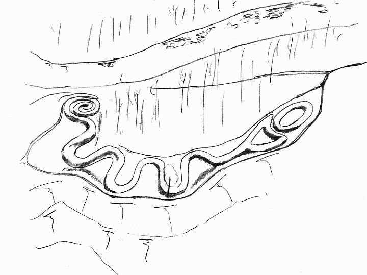 A pencil drawing of the earthwork seen from the side: a coiled spiral at one end, a winding body, and an oval at the other, on a plateau above a creek valley.