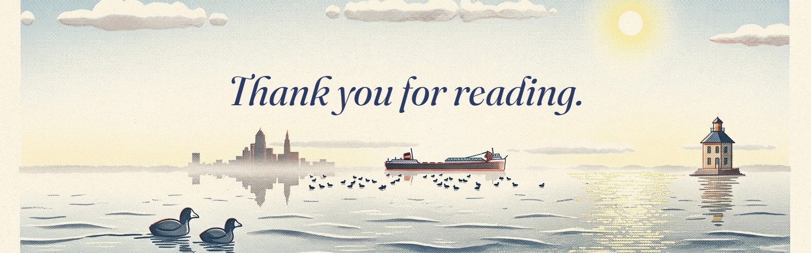 Thank you for reading. The lakeshore by day: coots on the water, a freighter, the lighthouse.