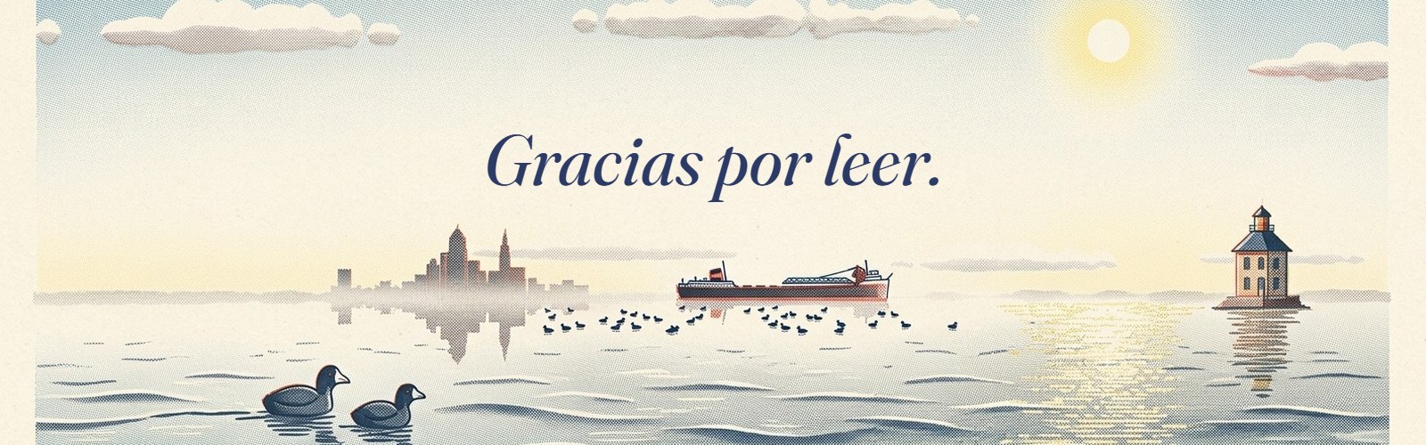 Gracias por leer. La orilla del lago de día: fochas en el agua, un carguero, el faro.