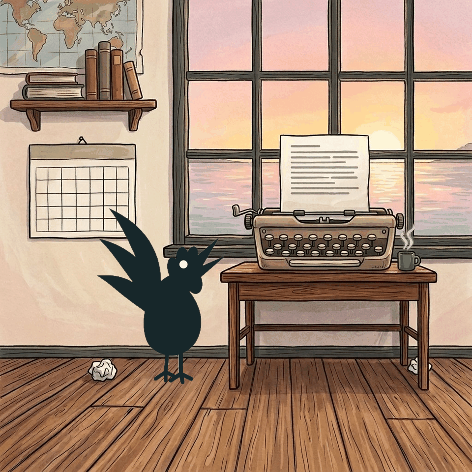 Chanticleer the rooster crows beside a desk where a typewriter holds a half-written page, a green mug steaming at the edge and two crumpled drafts on the floor / El gallo Chanticleer canta junto a un escritorio donde una m&aacute;quina de escribir sostiene una p&aacute;gina a medio escribir, con una taza verde humeante en el borde y dos borradores arrugados en el suelo